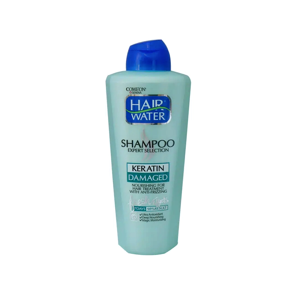 keratinhairwater-2 شامپو بدون سولفات هیر واتر مدل کراتین و موهای آسیب دیده حجم 400 میلی لیتر - تصویر 1