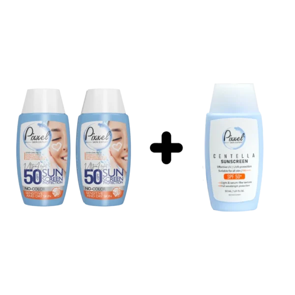 کرم ضد آفتاب مناسب پوست خشک و نرمال پیکسل پک کرم ضد آفتاب پوست خشک و سنتلا پیکسل (2+1 هدیه) - Image 1